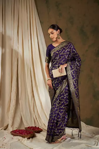 Wine Color Weaving Work Banarasi silk blend Saree With Blouse