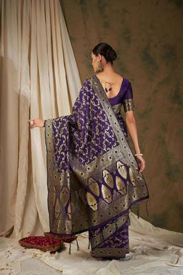 Wine Color Weaving Work Banarasi silk blend Saree With Blouse 4