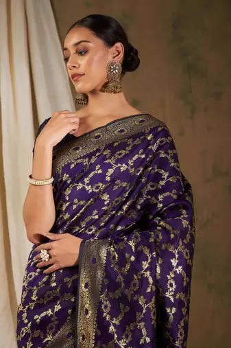 Wine Color Weaving Work Banarasi silk blend Saree With Blouse