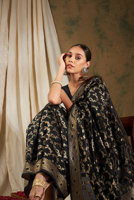 Black Color Weaving Work Banarasi silk blend Saree With Blouse 1
