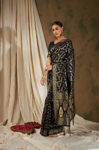 Black Color Weaving Work Banarasi silk blend Saree With Blouse
