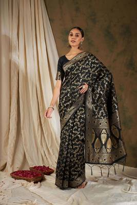 Black Color Weaving Work Banarasi silk blend Saree With Blouse 3
