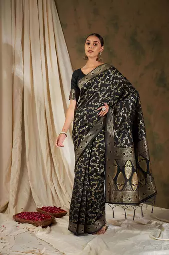 Black Color Weaving Work Banarasi silk blend Saree With Blouse