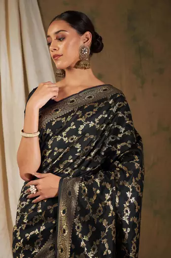 Black Color Weaving Work Banarasi silk blend Saree With Blouse