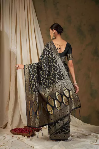 Black Color Weaving Work Banarasi silk blend Saree With Blouse