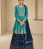Turquoise embroidery georgette free size stitch skirt suit with dupatta