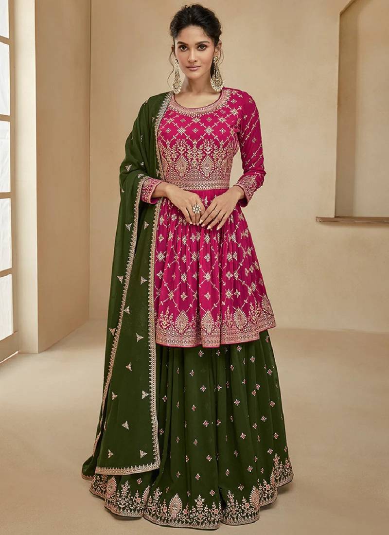 Pink embroidery georgette free size stitch skirt suit with dupatta