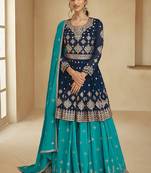 Blue embroidery georgette free size stitch skirt suit with dupatta