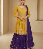 Yellow embroidery georgette free size stitch skirt suit with dupatta