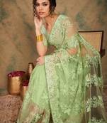 Pista Green Color Embroidery Work Net Saree With Blouse