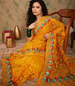 Yellow color embroidery work net saree with blouse