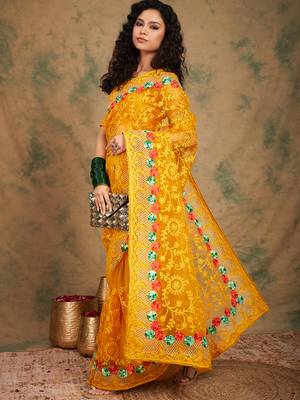 Yellow color embroidery work net saree with blouse 2