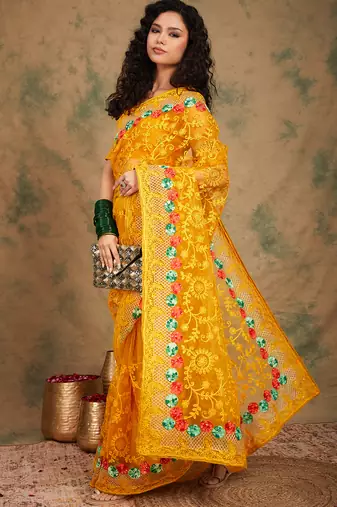 Yellow color embroidery work net saree with blouse
