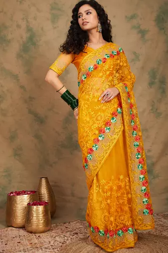 Yellow color embroidery work net saree with blouse