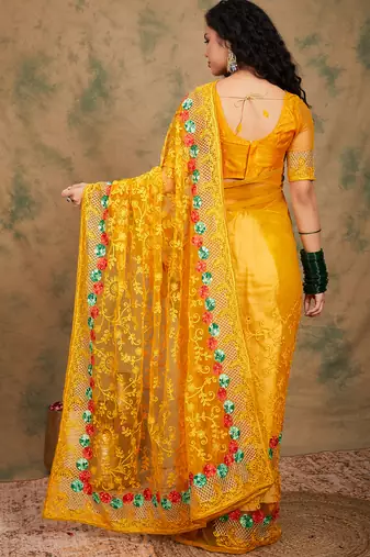 Yellow color embroidery work net saree with blouse
