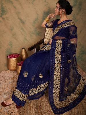 Navy blue color embroidery work net saree with blouse 1