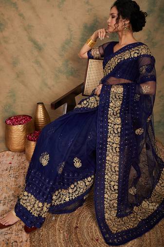 Navy blue color embroidery work net saree with blouse