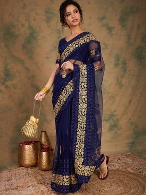 Navy blue color embroidery work net saree with blouse 2