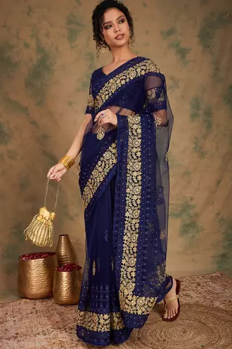 Navy blue color embroidery work net saree with blouse