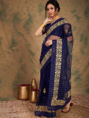 Navy blue color embroidery work net saree with blouse 3