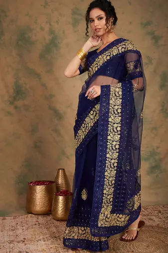 Navy blue color embroidery work net saree with blouse