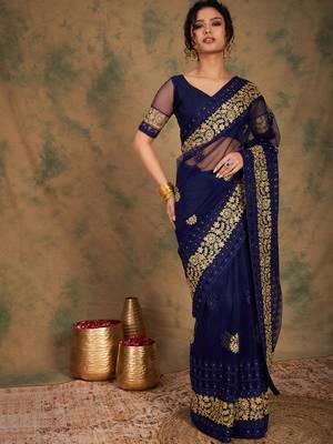 Navy blue color embroidery work net saree with blouse 4