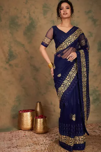 Navy blue color embroidery work net saree with blouse