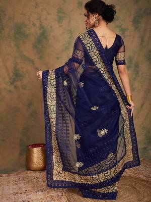 Navy blue color embroidery work net saree with blouse 5