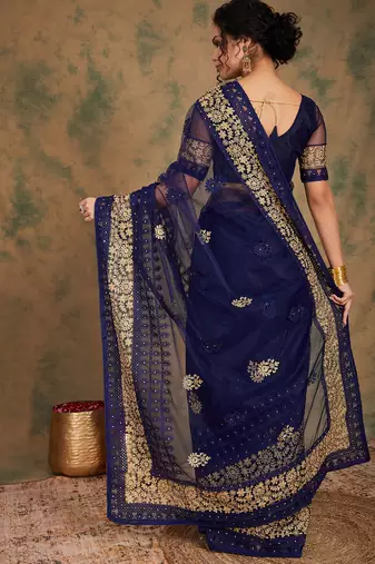 Navy blue color embroidery work net saree with blouse