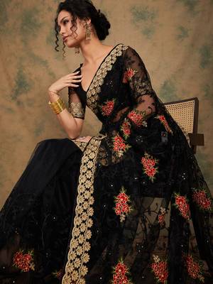 Black Color Embroidery Work Net Saree With Blouse 1