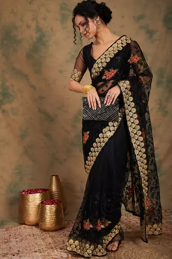 Black Color Embroidery Work Net Saree With Blouse