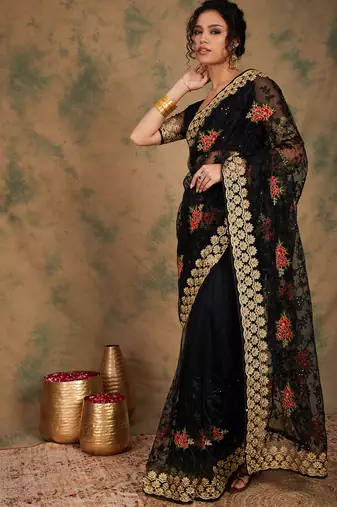 Black Color Embroidery Work Net Saree With Blouse