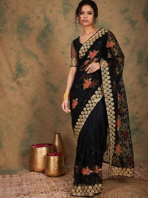 Black Color Embroidery Work Net Saree With Blouse 4