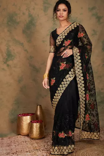 Black Color Embroidery Work Net Saree With Blouse