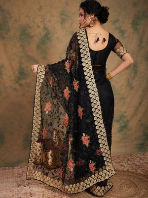 Black Color Embroidery Work Net Saree With Blouse 5