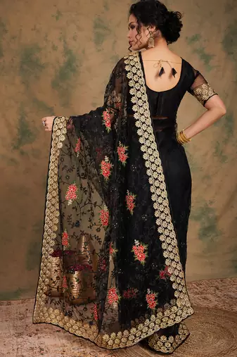 Black Color Embroidery Work Net Saree With Blouse