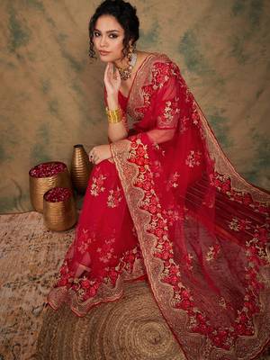 Red Color Embroidery Work Net Saree With Blouse 1