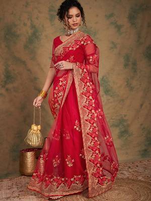 Red Color Embroidery Work Net Saree With Blouse 2