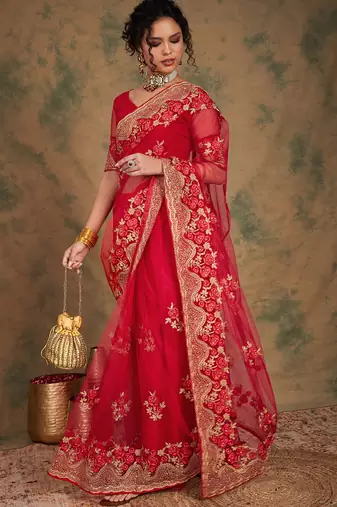 Red Color Embroidery Work Net Saree With Blouse