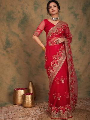 Red Color Embroidery Work Net Saree With Blouse 3