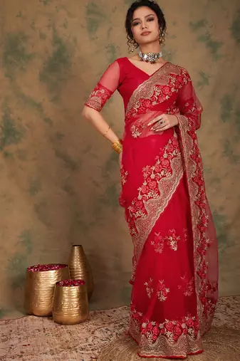 Red Color Embroidery Work Net Saree With Blouse
