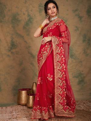 Red Color Embroidery Work Net Saree With Blouse 4
