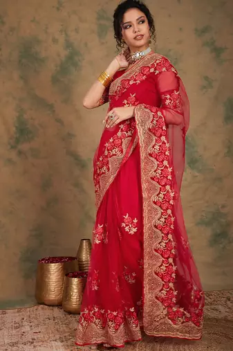 Red Color Embroidery Work Net Saree With Blouse