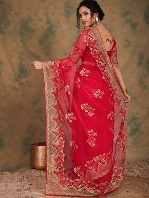 Red Color Embroidery Work Net Saree With Blouse 5