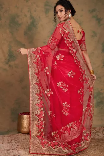 Red Color Embroidery Work Net Saree With Blouse