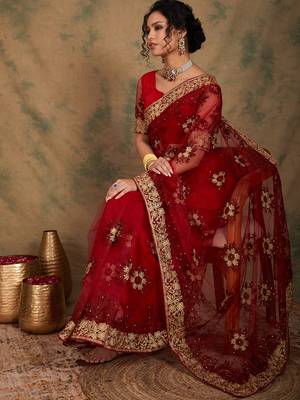Maroon Color Embroidery Work Net Saree With Blouse 1