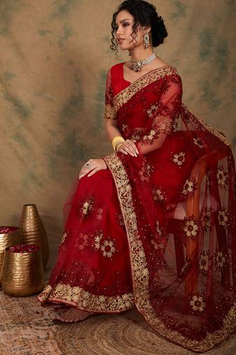Maroon Color Embroidery Work Net Saree With Blouse