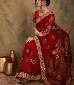 Maroon Color Embroidery Work Net Saree With Blouse