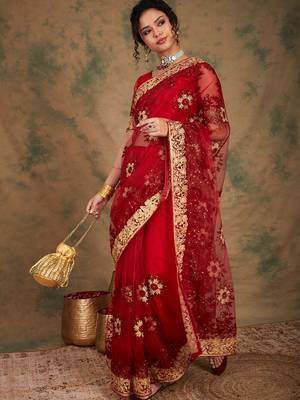 Maroon Color Embroidery Work Net Saree With Blouse 2
