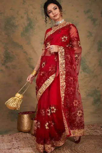 Maroon Color Embroidery Work Net Saree With Blouse